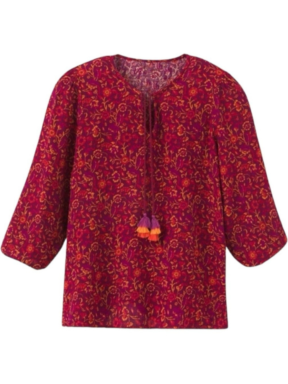Matilda Jane Womens L Top Coral Reef Medallion Blouse Floral Gauzy Tassel Tie